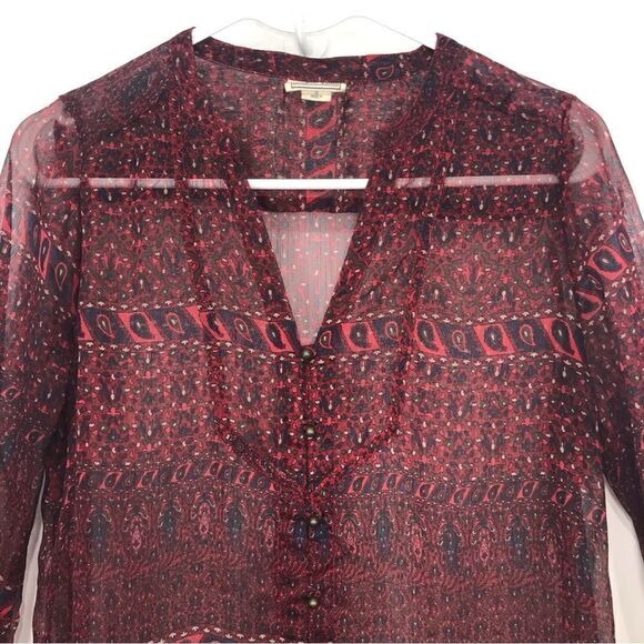 Converse One Star Burgundy Paisley Print Semi Sheer Button Up Tunic Blouse - Picture 3 of 16